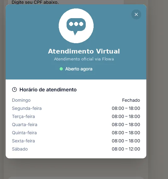 Card de informações do atendimento no Flowa, com status 'Aberto agora' e horário de atendimento por dia da semana.